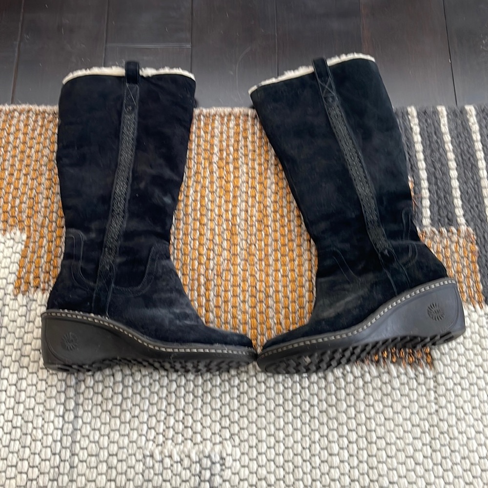 Adorable black suede with cream lining wedge below the knees boots
